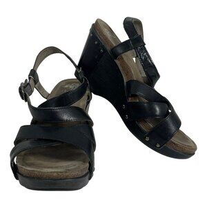 DANSKO Frida Women's Black Leather Studded Wedge Slingback Sandal Open Toe SZ 39